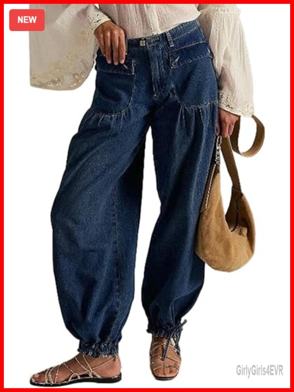 Mid Rise Baggy Wide Leg Lotus Tube Jeans Denim Pants with Pockets